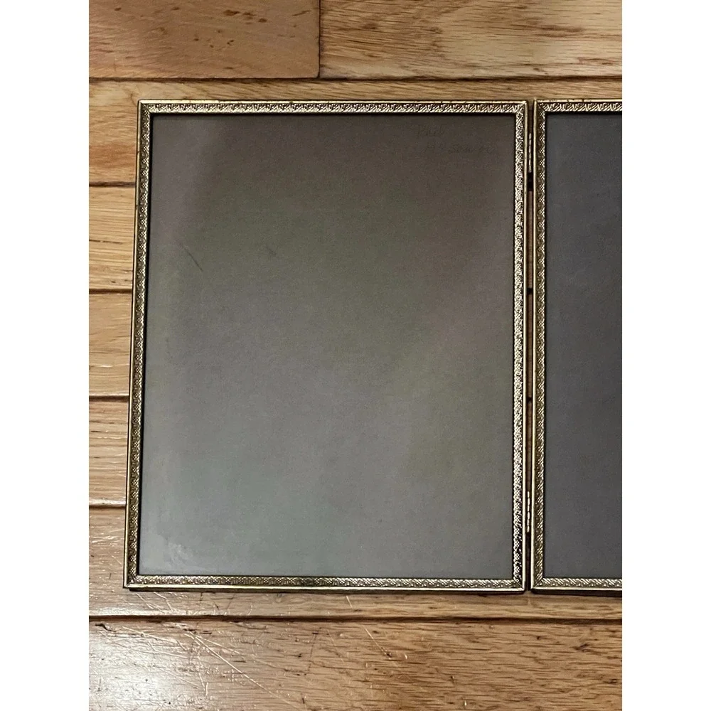 Vtg Gold Metal Double Picture Frame Photo 8x10 Engraved Hinged Mid Century